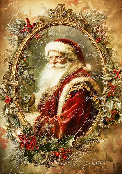 Reba Rose Creations, Rice Paper for Decoupage, Mixed Media, Nostalgic Santa Claus, Framed, Holly Berries, Christmas, 105, A3, 11.7 x 16.5 Reba Rose