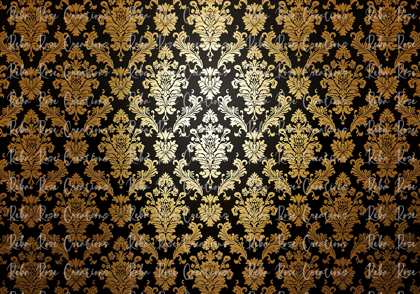 Reba Rose Creations, Rice Paper for Decoupage, Mixed Media, Black, Gold, Damask Wallpaper, Background, A3, 11.7 x 16.5