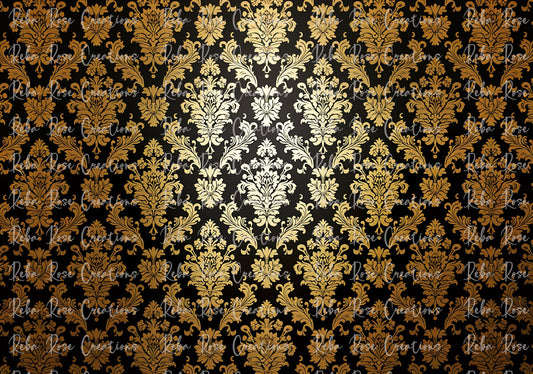 Reba Rose Creations, Rice Paper for Decoupage, Mixed Media, Black, Gold, Damask Wallpaper, Background, A3, 11.7 x 16.5