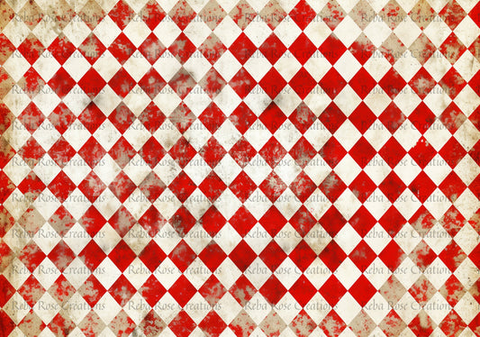 Reba Rose Creations, Rice Paper for Decoupage, Mixed Media, Red, White, Harlequin, Diamonds, Wallpaper, Background, A3, 11.7 x 16.5