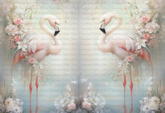 Reba Rose Creations, Rice Paper for Decoupage, Mixed Media, Pink Flamingos, Mirror Image, Flowers, A3, 11.7 x 16.5