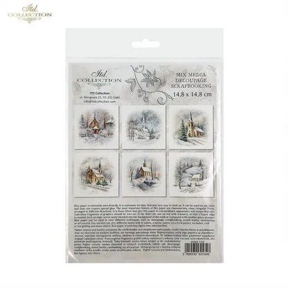 ITD Collection, Rice Paper, Mini Set, Decoupage, Mixed Media, Winter, Churches, Landscape, Snow, RSM134, 6 sheets, 5.8 x 5.8 ITD Collection