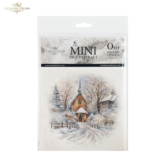 ITD Collection, Rice Paper, Mini Set, Decoupage, Mixed Media, Winter, Churches, Landscape, Snow, RSM134, 6 sheets, 5.8 x 5.8