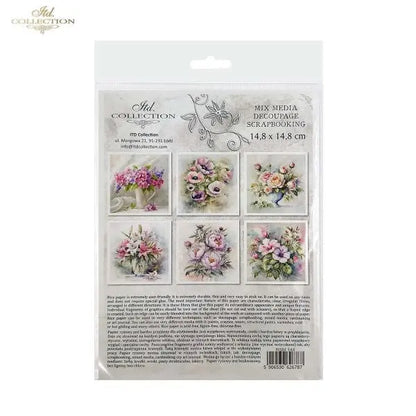 ITD Collection, Rice Paper, Mini Set, Decoupage, Mixed Media, Flowers, Floral Arrangement, Water color, RSM144, 6 sheets, 5.8 x 5.8 ITD Collection
