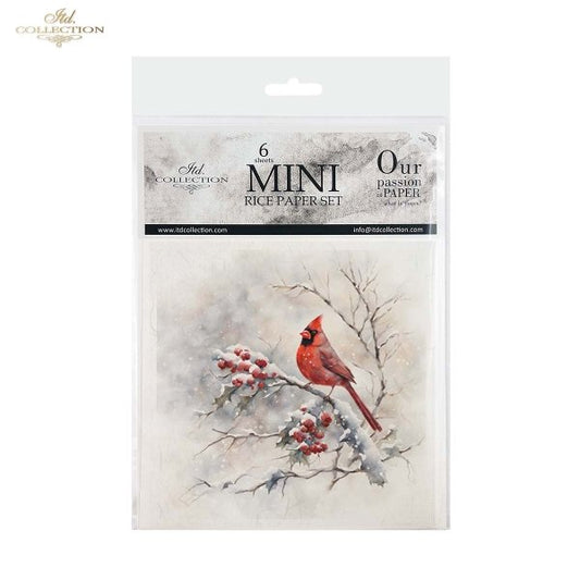 ITD Collection, Rice Paper, Mini Set, 6 sheets, Cardinals, Winter, Birds, Snow, RSM047, 5x8, Snow