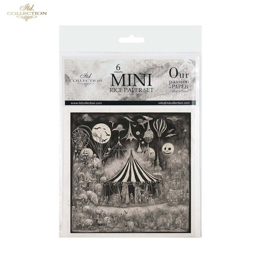 ITD Collection Rice Paper Mini Set for Decoupage RSM155, 6 sheets of rice Paper 14,8x14,8 cm, Black, White, Circus, Dark, Gothic