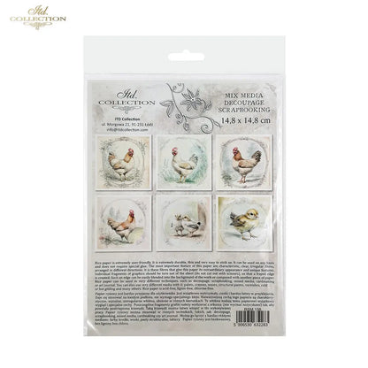 ITD Collection, Rice Paper, Mini Set, Chickens, Hens, Chicks, Rounds, Floral, 6 Sheets, 5x8, RSM119, Decoupage, Mixed Media, RSM158 ITD Collection