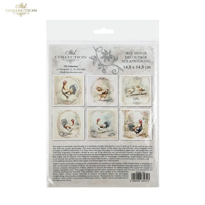 ITD Collection, Rice Paper, Mini Set, Roosters, Hens, Chicks, Rounds, Floral, 6 Sheets, 5x8, RSM119, Decoupage, Mixed Media, RSM161 ITD Collection