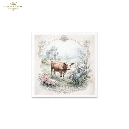 ITD Collection, Rice Paper, Mini Set, Calf, Cows, Horses, Cattle, Rounds, Floral, 6 Sheets, 5x8, RSM119, Decoupage, Mixed Media, RSM163 ITD Collection