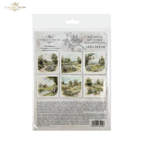 ITD Collection, Rice Paper, Mini Set, Decoupage, 6 sheets, Country Landscape, Cottage, Greenery, RSM170)