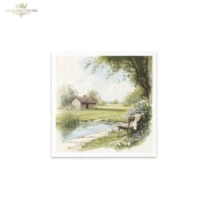 ITD Collection, Rice Paper, Mini Set, Decoupage, 6 sheets, Country Landscape, Cottage, Greenery, RSM170) ITD Collection