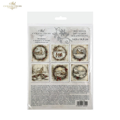 ITD Collection Rice Paper Mini Set | Decoupage, Mixed Media, Christmas Scenes, Churches, Wreaths, Landscapes, 6 Sheets 5.8 x 5.8 inches
