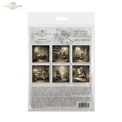 ITD Collection Rice Paper, Mini Set Vintage, Fairytale Mice, Home Mouse Scenes, 6 Sheets, 5x8, Decoupage, Mixed Media