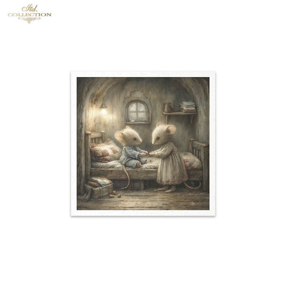ITD Collection Rice Paper, Mini Set Vintage, Fairytale Mice, Home Mouse Scenes, 6 Sheets, 5x8, Decoupage, Mixed Media
