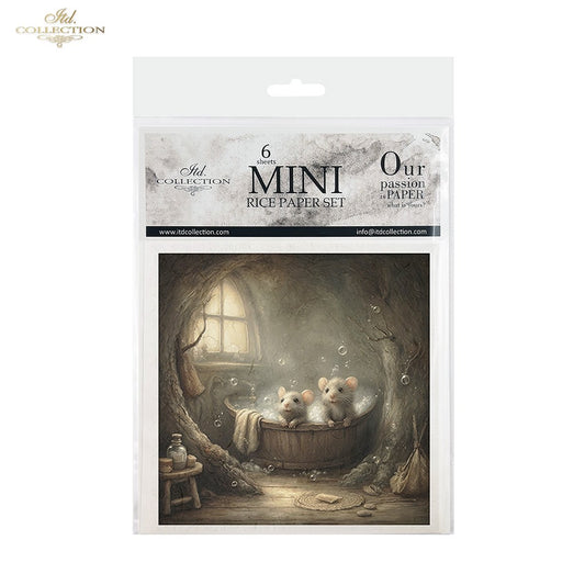 ITD Collection Rice Paper, Mini Set Vintage, Fairytale Mice, Home Mouse Scenes, 6 Sheets, 5x8, Decoupage, Mixed Media