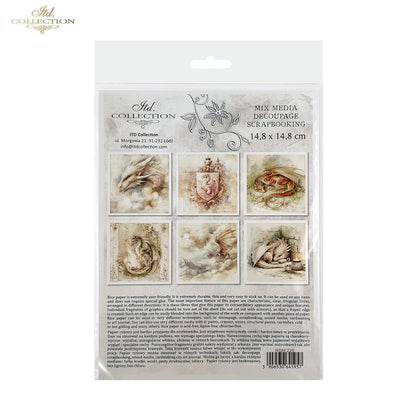 ITD Collection Rice Paper, Mini Set Watercolor Dragons, Fantasy, Mythical, Coat of Arms, 6 Sheets, 5x8, Decoupage, Mixed Media