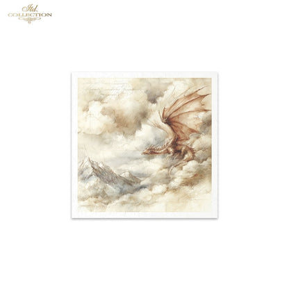 ITD Collection Rice Paper, Mini Set Watercolor Dragons, Fantasy, Mythical, Coat of Arms, 6 Sheets, 5x8, Decoupage, Mixed Media