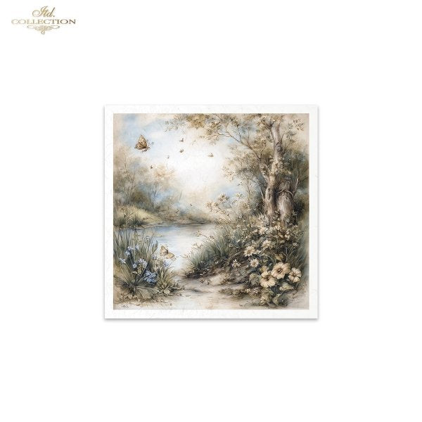 ITD Collection Rice Paper, Mini Set, Spring Pond, Flowers, Landscape, 6 Sheets, 5x8, Decoupage, Mixed Media