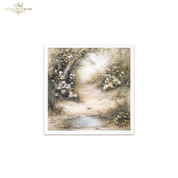 ITD Collection Rice Paper, Mini Set, Spring Pond, Flowers, Landscape, 6 Sheets, 5x8, Decoupage, Mixed Media