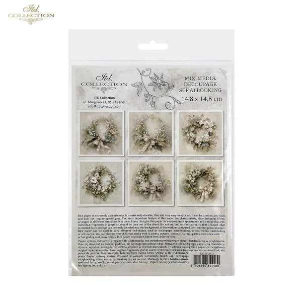 ITD Collection Rice Paper, Mini Set, Floral Wreaths, Shabby Chic, Vintage Decoration, 6 Sheets, 5x8, Decoupage, Mixed Media