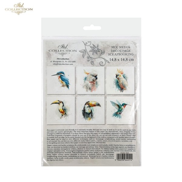 ITD Collection Rice Paper, Mini Set, Watercolor Hummingbirds, Toucan, Birds Motifs, 6 Sheets, 5x8, Decoupage, Mixed Media