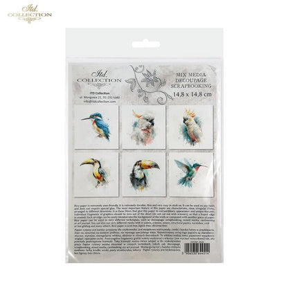 ITD Collection Rice Paper, Mini Set, Watercolor Hummingbirds, Toucan, Birds Motifs, 6 Sheets, 5x8, Decoupage, Mixed Media
