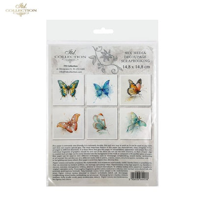 ITD Collection Rice Paper, Mini Set, Watercolor Butterflies, Butterfly Motifs, 6 Sheets, 5x8, Decoupage, Mixed Media