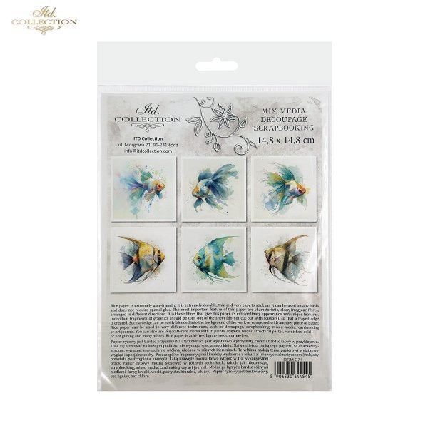 ITD Collection Rice Paper, Mini Set, Watercolor Goldfish, Angelfish, Fish Motifs, 6 Sheets, 5x8, Decoupage, Mixed Media
