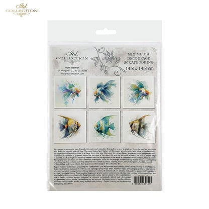 ITD Collection Rice Paper, Mini Set, Watercolor Goldfish, Angelfish, Fish Motifs, 6 Sheets, 5x8, Decoupage, Mixed Media