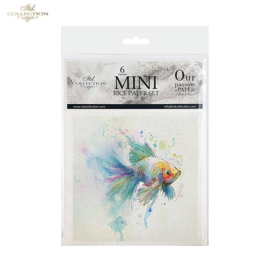 ITD Collection Rice Paper, Mini Set, Watercolor Goldfish, Angelfish, Fish Motifs, 6 Sheets, 5x8, Decoupage, Mixed Media