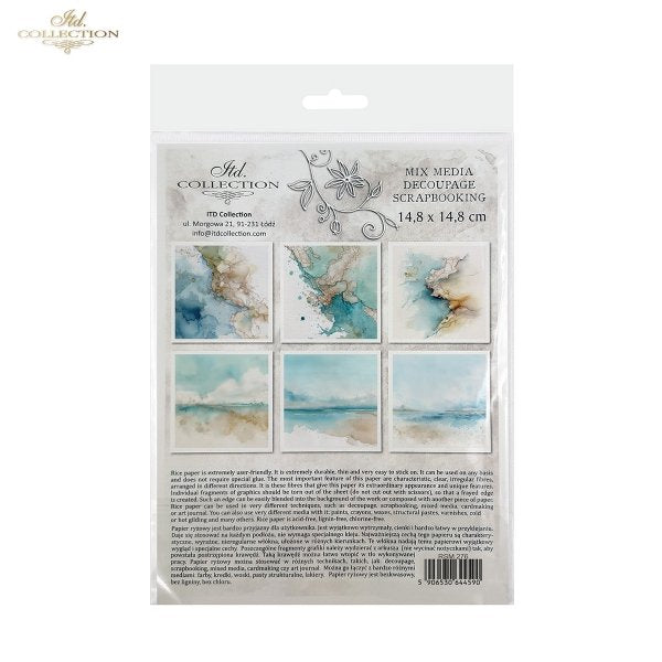ITD Collection Rice Paper, Mini Set, Watercolor Marble, Beach, Sea Motifs, 6 Sheets, 5x8, Decoupage, Mixed Media