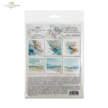 ITD Collection Rice Paper, Mini Set, Watercolor Marble, Beach, Sea Motifs, 6 Sheets, 5x8, Decoupage, Mixed Media