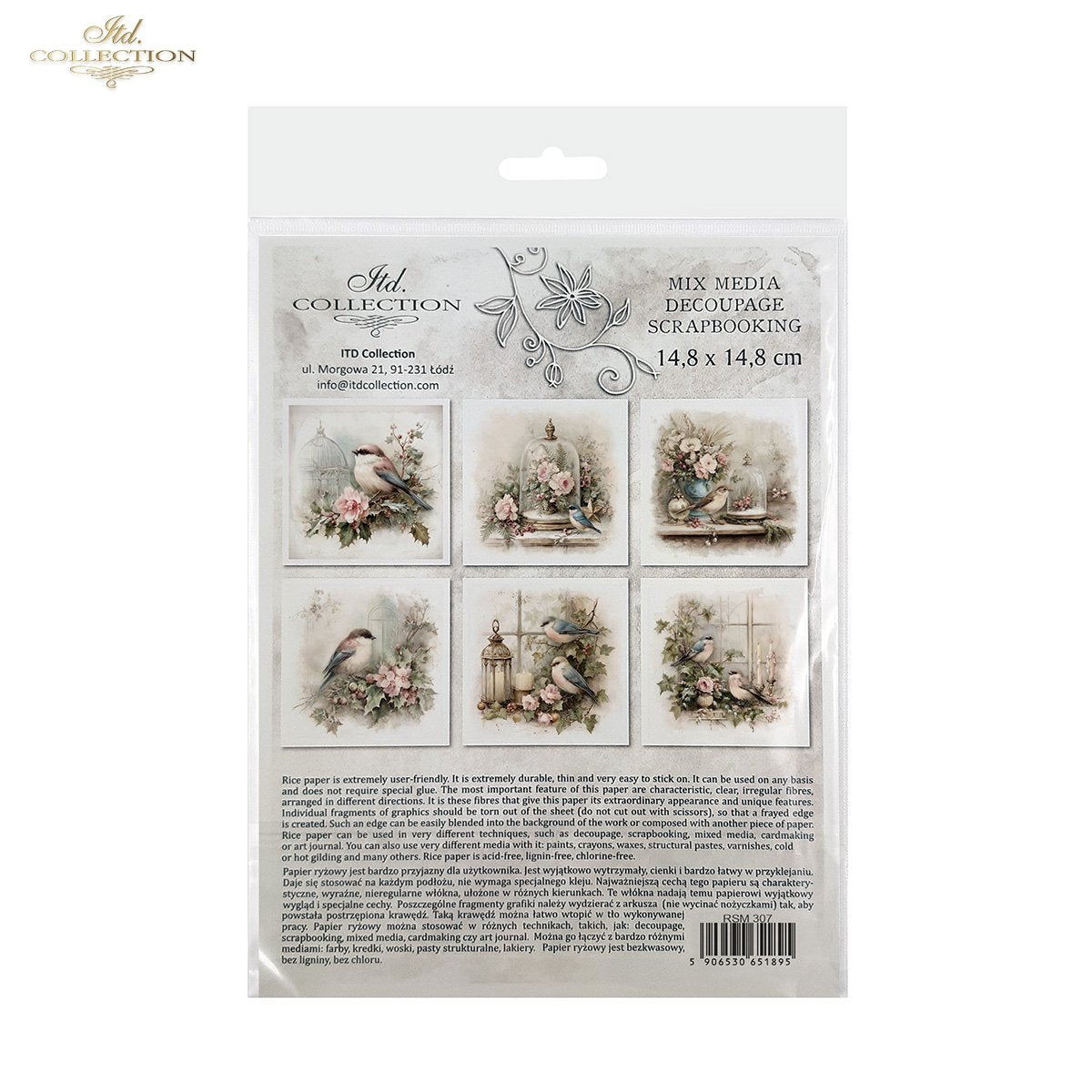 ITD Collection Rice Paper Mini Set | Decoupage, Mixed Media, Watercolor Birds, Flowers, 6 Sheets 5.8 x 5.8 inches