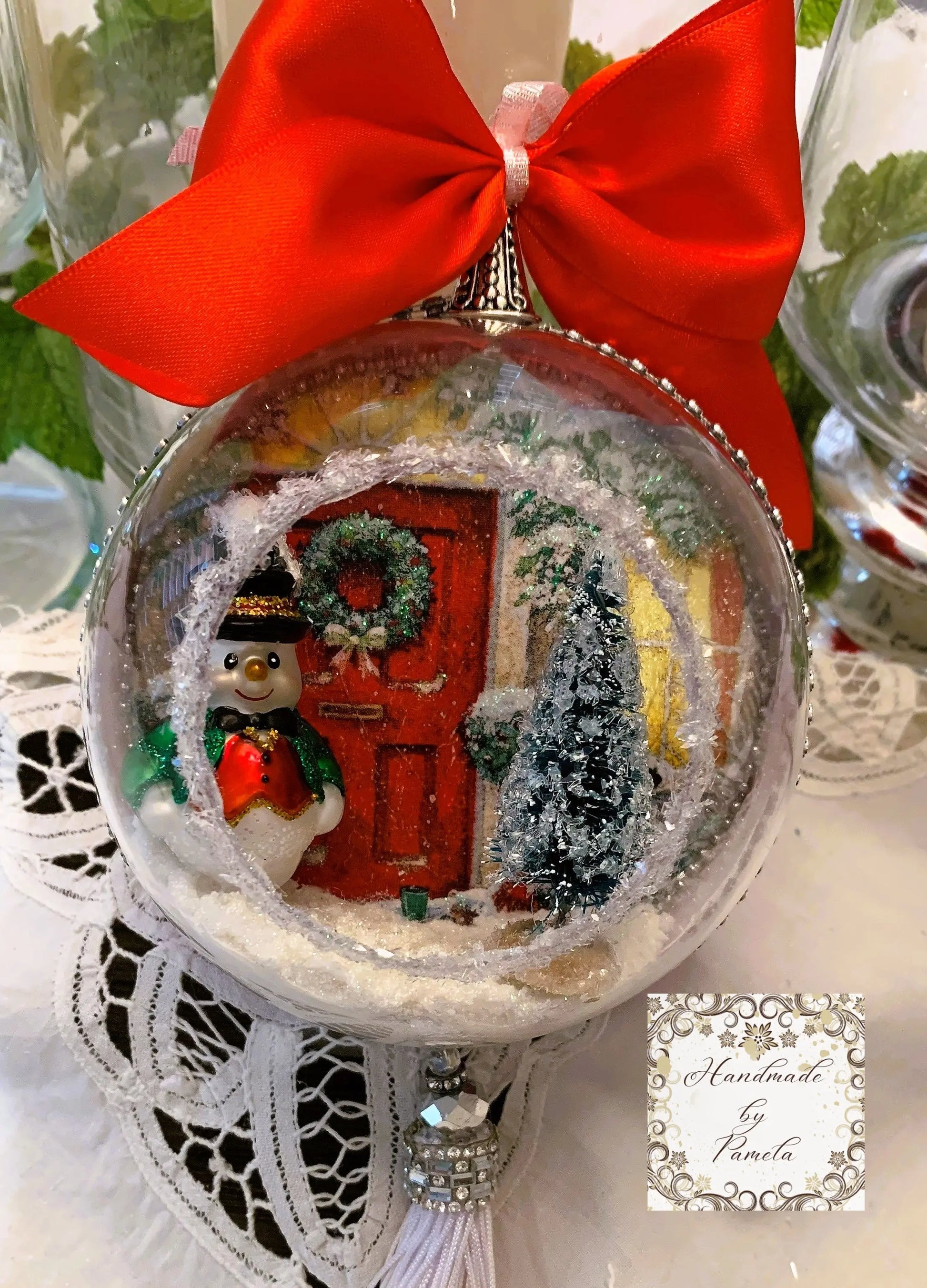 Handcrafted, Christmas, Large 3d Diorama Round Ornament, Santa, Snowman, Tree, Winter Scene, Decoupage, Mixed Media, 3 Variations Handmade by Pamela