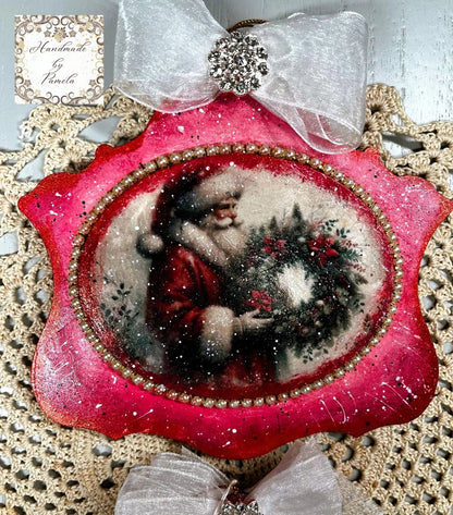 Handcrafted, laser cut MDF, Decoupage, Mixed Media, Christmas Ornaments, Santa Clause Set of 2 Handmade by Pamela