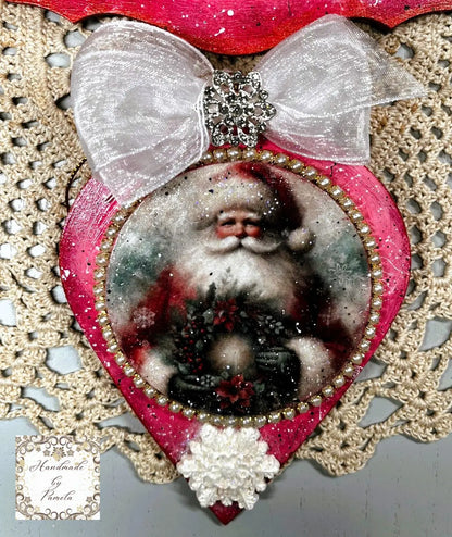 Handcrafted, laser cut MDF, Decoupage, Mixed Media, Christmas Ornaments, Santa Clause Set of 2 Handmade by Pamela