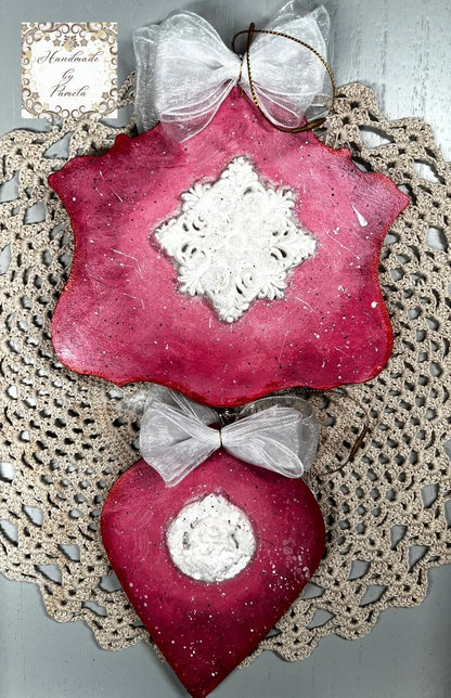 Handcrafted, laser cut MDF, Decoupage, Mixed Media, Christmas Ornaments, Santa Clause Set of 2 Handmade by Pamela