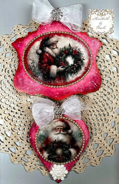 Handcrafted, laser cut MDF, Decoupage, Mixed Media, Christmas Ornaments, Santa Clause Set of 2 Handmade by Pamela