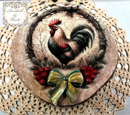 Handcrafted, Country Style Rooster, Laser Cut MDF Trinket Box, Decoupage, Mixed Media, Home Decor Handmade by Pamela