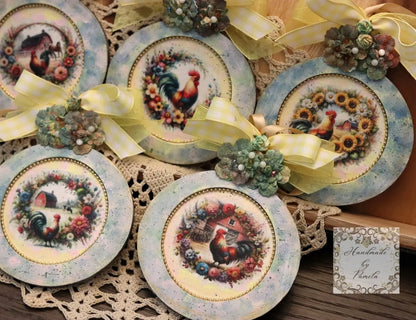 Handcrafted, Decoupage, Spring, Christmas Ornament Set 5, Rosters, Country, Floral Wreaths, Mixed Media, Laser Cut MDF, Farm Animals, Barn Handmade by Pamela
