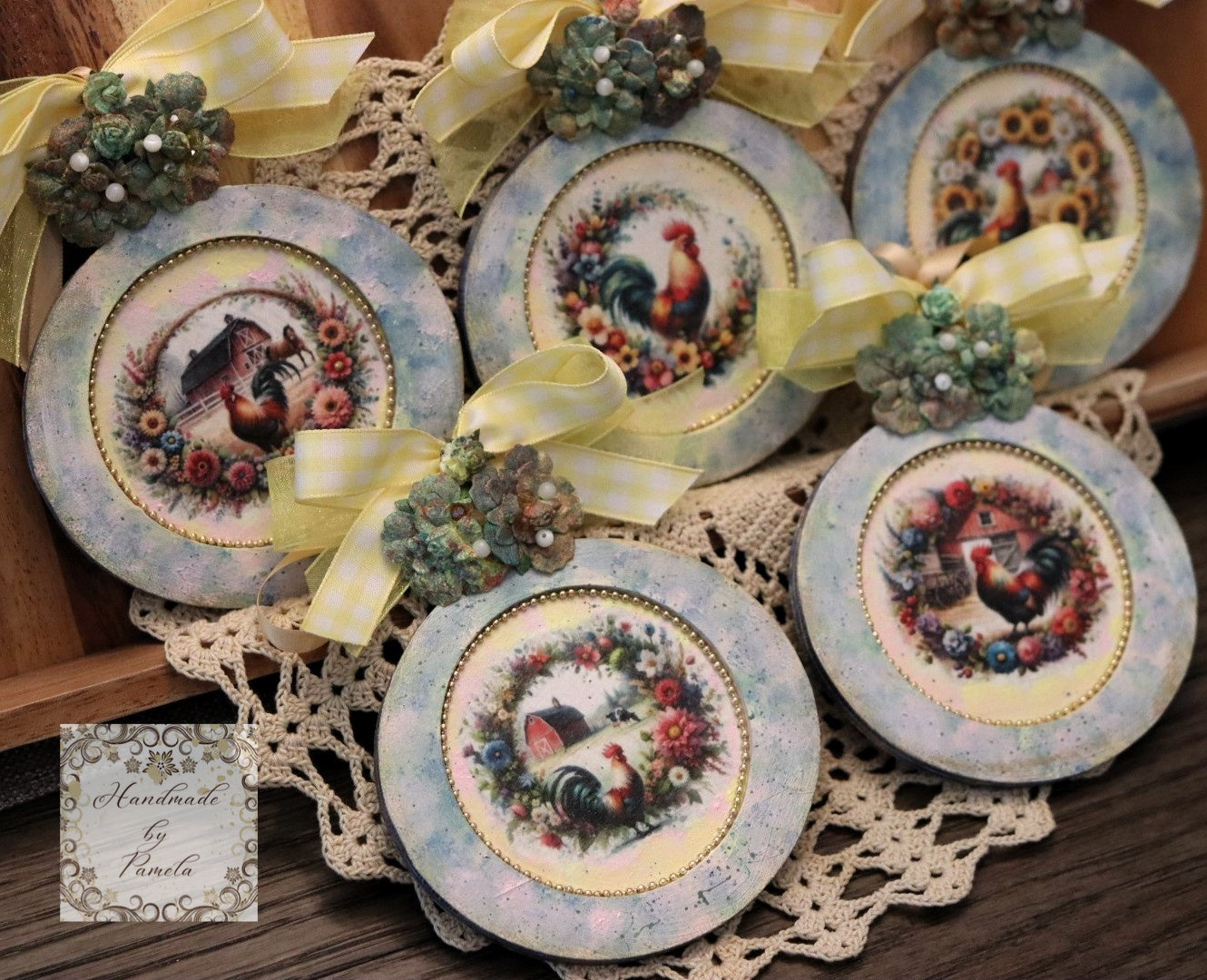 Handcrafted, Decoupage, Spring, Christmas Ornament Set 5, Rosters, Country, Floral Wreaths, Mixed Media, Laser Cut MDF, Farm Animals, Barn