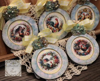 Handcrafted, Decoupage, Spring, Christmas Ornament Set 5, Rosters, Country, Floral Wreaths, Mixed Media, Laser Cut MDF, Farm Animals, Barn Handmade by Pamela