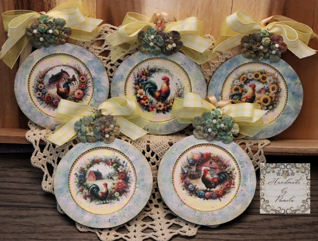 Handcrafted, Decoupage, Spring, Christmas Ornament Set 5, Rosters, Country, Floral Wreaths, Mixed Media, Laser Cut MDF, Farm Animals, Barn