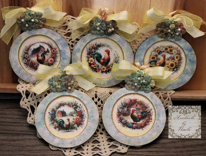 Handcrafted, Decoupage, Spring, Christmas Ornament Set 5, Rosters, Country, Floral Wreaths, Mixed Media, Laser Cut MDF, Farm Animals, Barn Handmade by Pamela