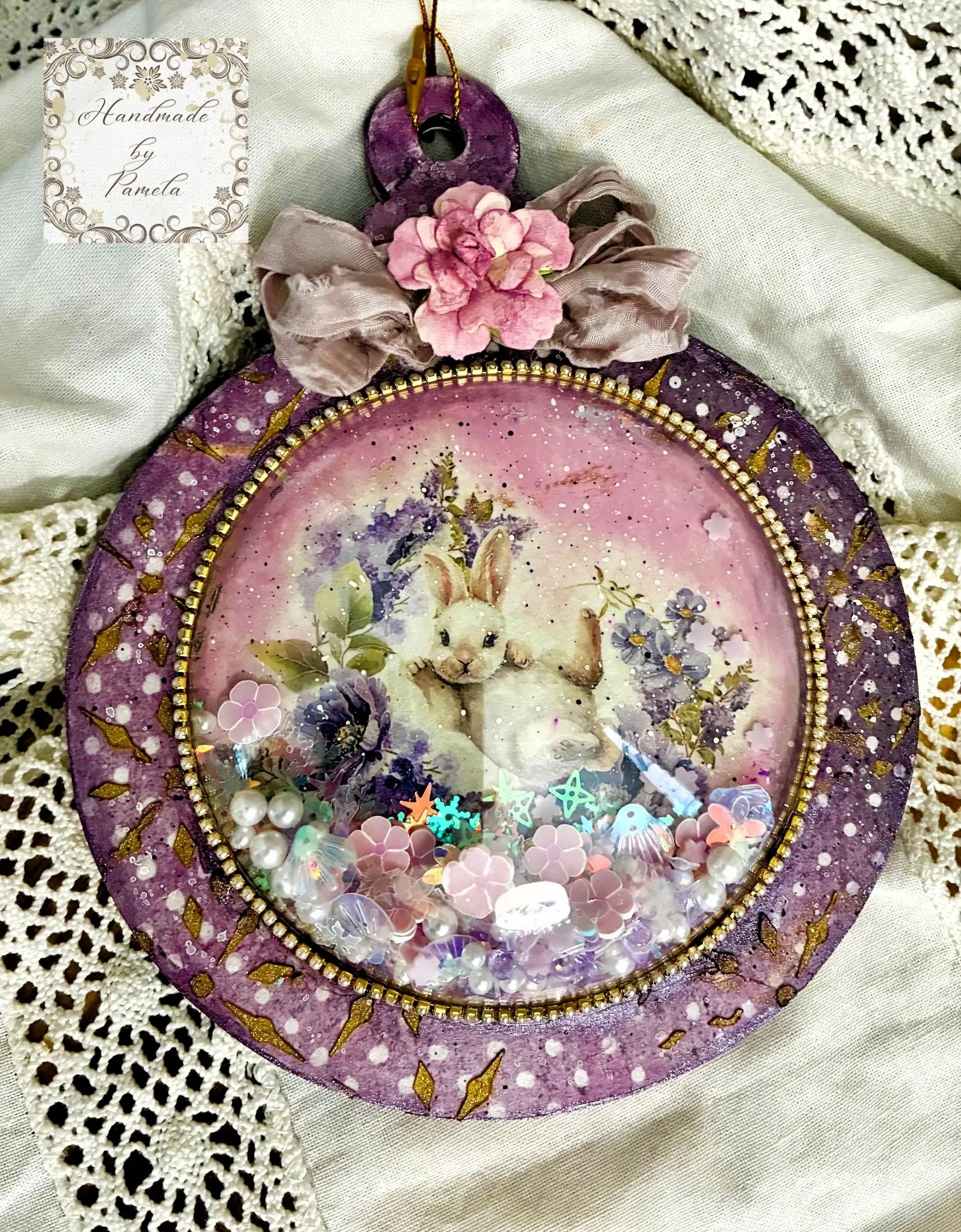 Handcrafted, Decoupage, Mixed Media, Shaker Ornament Heart, Egg and Circle Handmade by Pamela