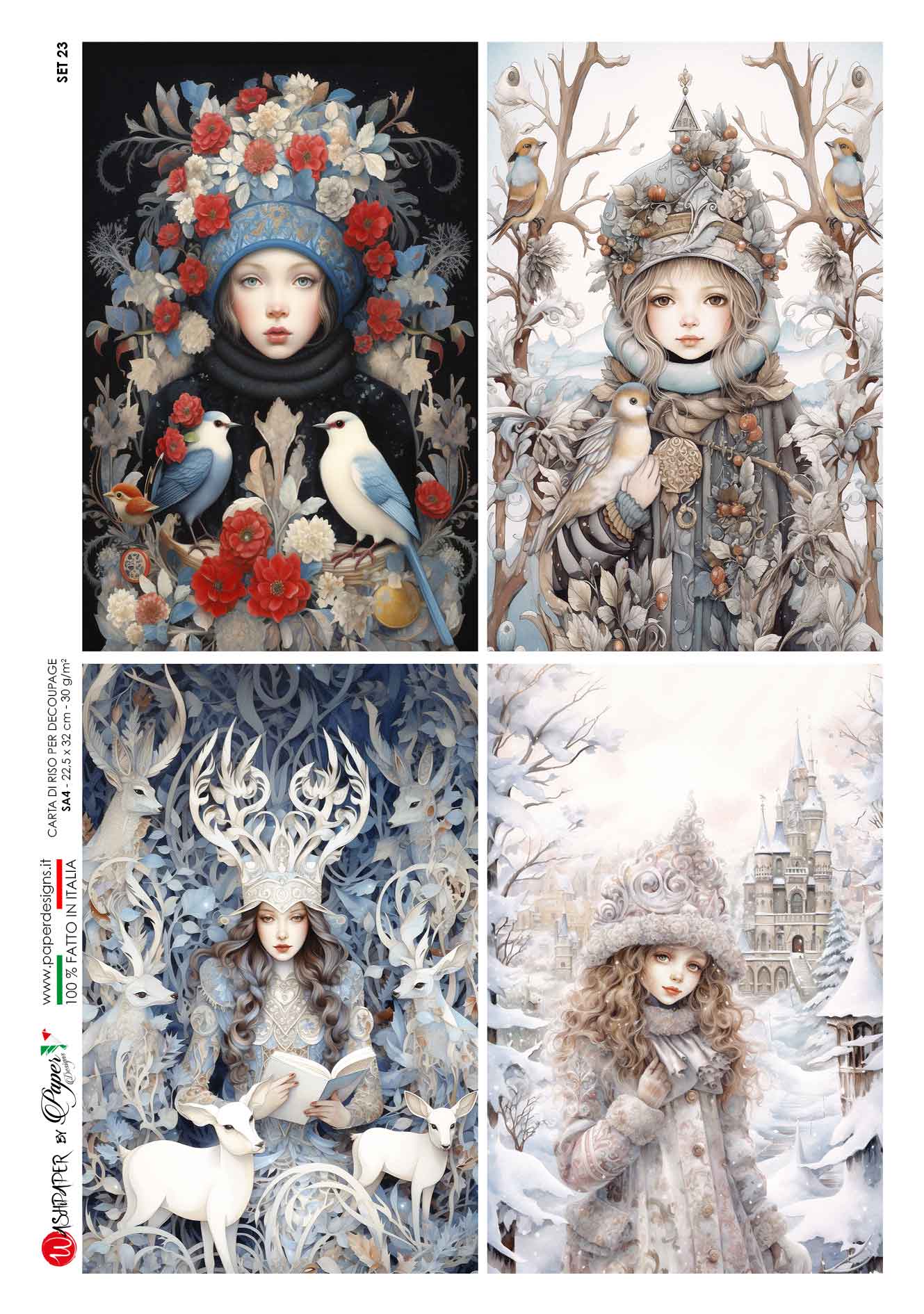 Paper Designs, Rice Paper, Winter Scenes, Girls, Snow, Birds, Reindeer, Mythical, Squares, A4 8.3" X 11.7", Decoupage, Mixed Media, Crafts