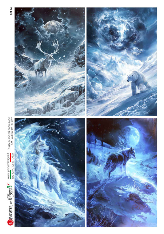 Paper Designs, Rice Paper, Blue Snow Drifts, Squares, Deer, Polar Bear, Wolves, Custom Printed for HHT, A4 8.3 X 11.7 Decoupage, Mixed Media