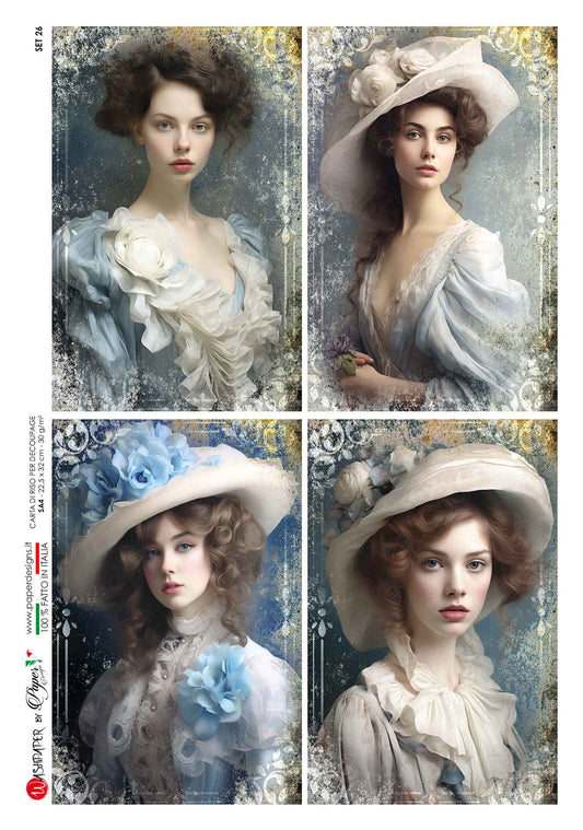 Paper Designs, Rice Paper, Victorian Women, Portraits, Hats, Vintage, Squares, Custom Printed for HHT, A4 8.3" X 11.7 Decoupage, Mixed Media