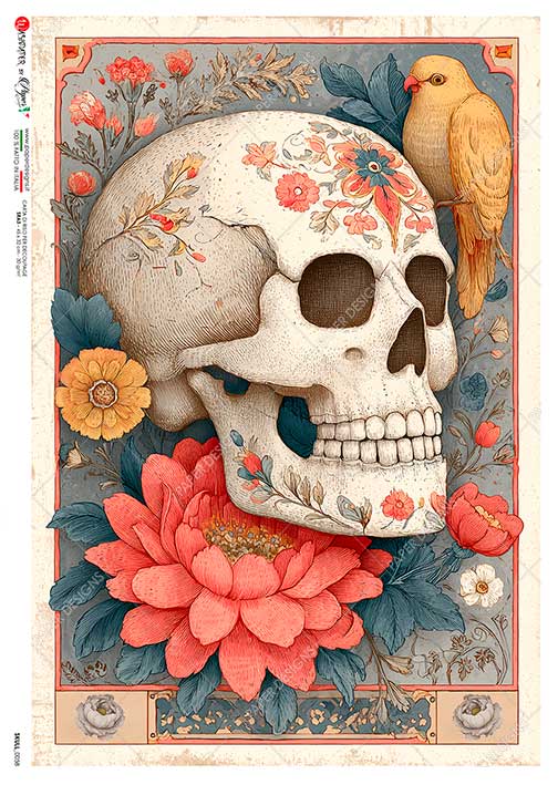 Paper Designs Italian Rice Paper, Floral Skull, Day of the Dead, A4, Decoupage, Mixed Media, DIY Crafts