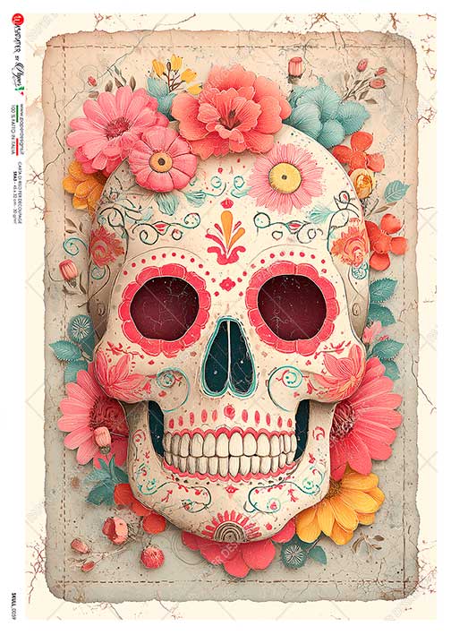 Paper Designs Italian Rice Paper, Floral Skull, Day of the Dead, A4, Decoupage, Mixed Media, DIY Crafts